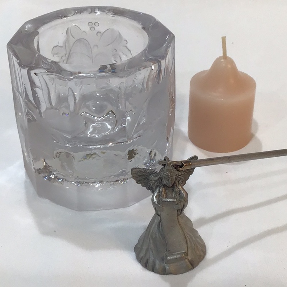 Studio Nova Christmas votive holder, 1997 Partylite Pewter Angel snuffer